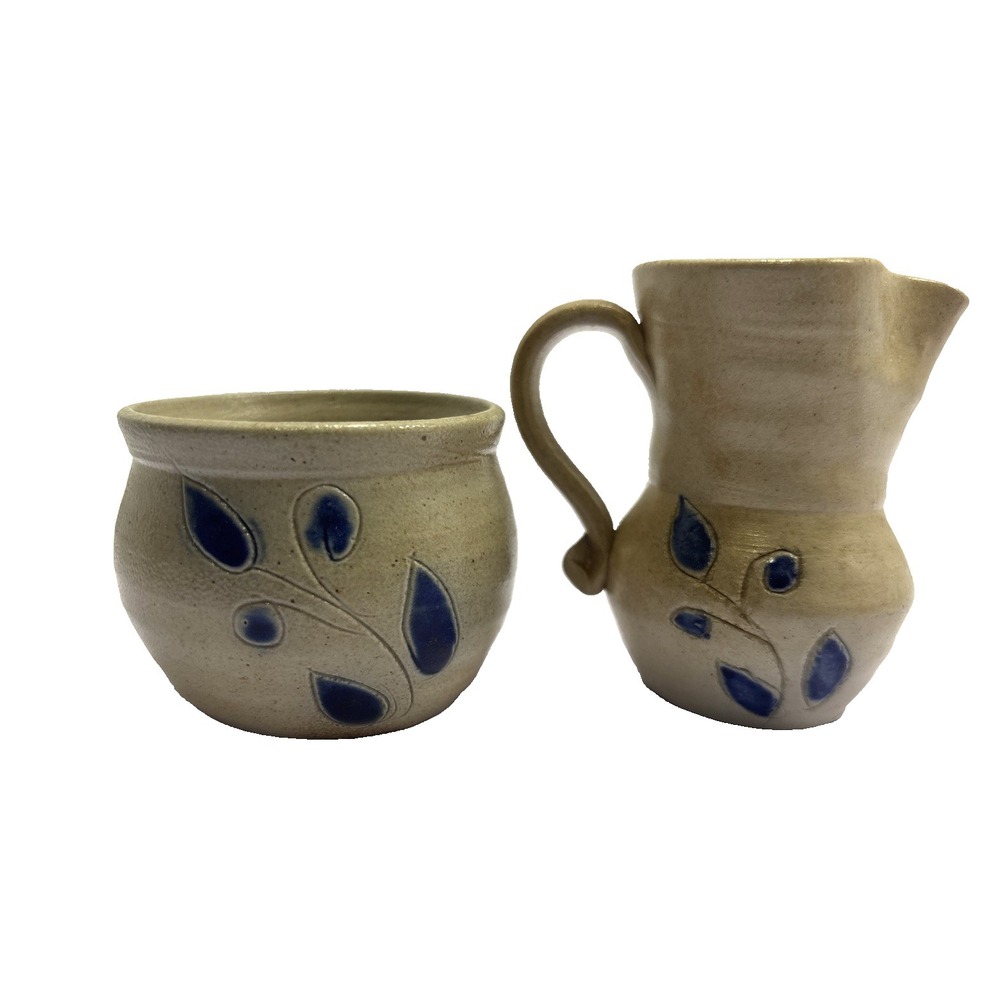 2 Vtg Mini Salt Glaze w Cobalt Small Pitcher Creamer Williamsburg, VA‎ 3 In